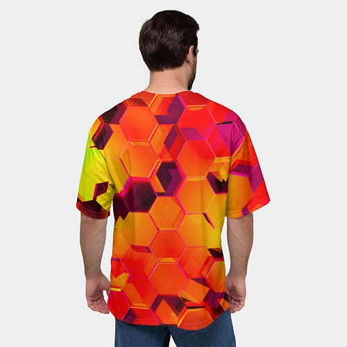 Мужская футболка оверсайз НЕОНОВЫЕ ГРАДИЕНТНЫЕ 3D гексаэдры / 3D-принт – фото 4