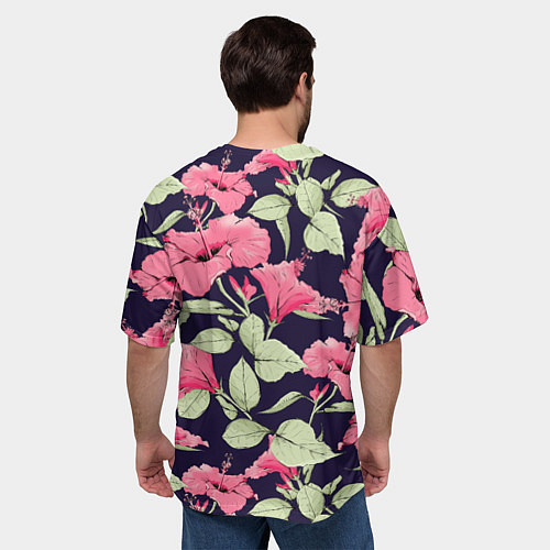 Мужская футболка оверсайз Цветы Розовые Гибискусы На Тёмно-Синем Фоне / 3D-принт – фото 4