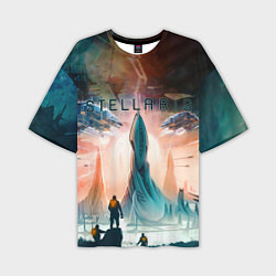 Мужская футболка оверсайз Stellaris космические корабли на фоне башни
