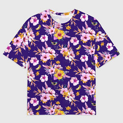 Футболка оверсайз мужская Цветы Разноцветные Гибискус и Ирисы На Синем Фоне, цвет: 3D-принт