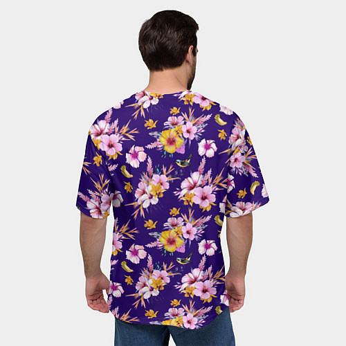 Мужская футболка оверсайз Цветы Разноцветные Гибискус и Ирисы На Синем Фоне / 3D-принт – фото 4