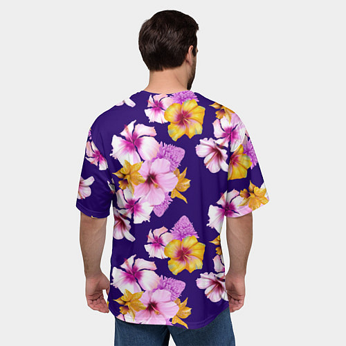 Мужская футболка оверсайз Цветы Розовые Гибискус и Оранжевые Ирисы На Синем / 3D-принт – фото 4