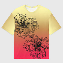 Мужская футболка оверсайз Черные абстрактные цветы на красно-желтом градиент