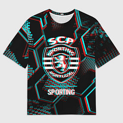 Мужская футболка оверсайз Sporting FC в стиле Glitch на темном фоне