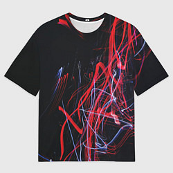 Футболка оверсайз мужская Неоновые лучи в абстракции - Красный и синий, цвет: 3D-принт