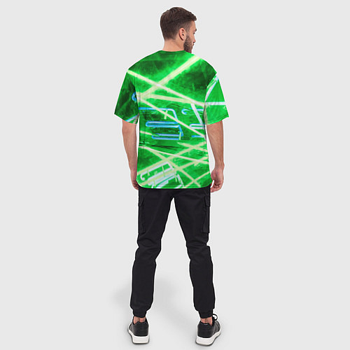 Мужская футболка оверсайз Неоновые лучи и буквы - Зелёный / 3D-принт – фото 4