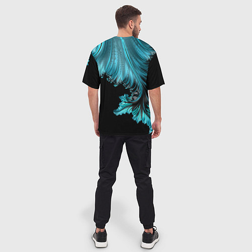 Мужская футболка оверсайз Черный с голубым неоновый фрактал Ледяная абстракц / 3D-принт – фото 4