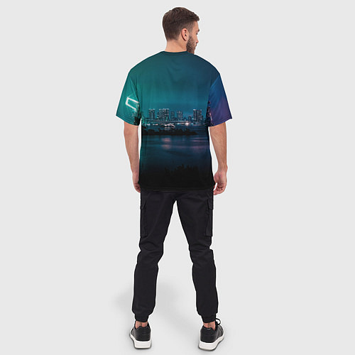 Мужская футболка оверсайз Неоновый город с рекой - Светло-зелёный / 3D-принт – фото 4