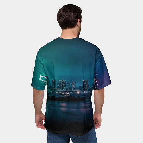 Мужская футболка оверсайз Неоновый город с рекой - Светло-зелёный / 3D-принт – фото 4