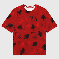 Футболка оверсайз мужская Карты карточные масти на красном фоне, цвет: 3D-принт