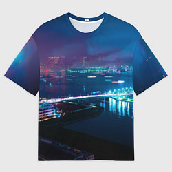 Футболка оверсайз мужская Неоновый город и мост - Синий, цвет: 3D-принт