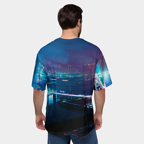 Мужская футболка оверсайз Неоновый город и мост - Синий / 3D-принт – фото 4