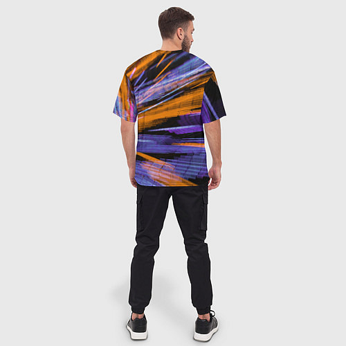 Мужская футболка оверсайз Неоновые прерывающиеся линии - Оранжевый и фиолето / 3D-принт – фото 4
