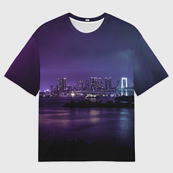 Мужская футболка оверсайз Неоновый город с рекой - Фиолетовый