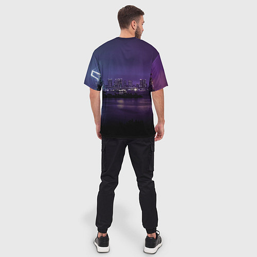 Мужская футболка оверсайз Неоновый город с рекой - Фиолетовый / 3D-принт – фото 4