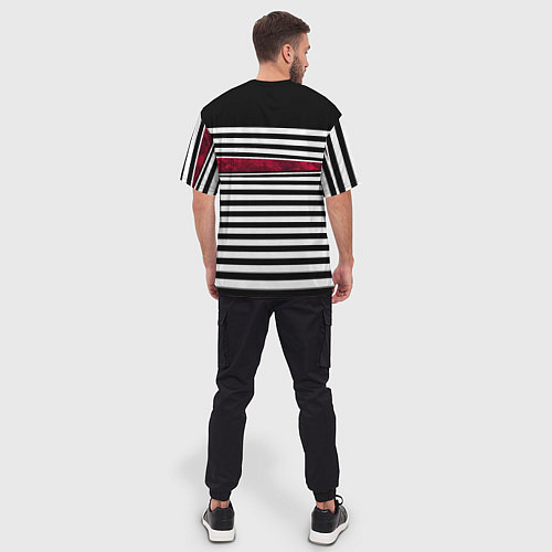 Мужская футболка оверсайз Полосатый современный черно-белый с красной вставк / 3D-принт – фото 4