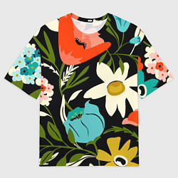 Футболка оверсайз мужская Яркие цветы на фоне тёмной летней ночи, цвет: 3D-принт