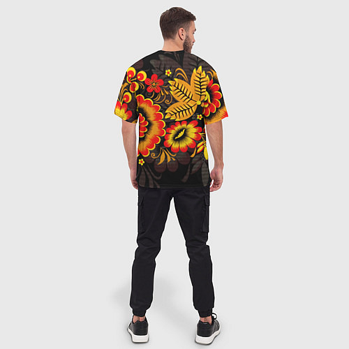Мужская футболка оверсайз Хохломская Роспись Цветы На Тёмном Фоне / 3D-принт – фото 4