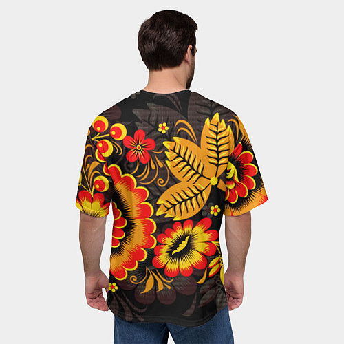 Мужская футболка оверсайз Хохломская Роспись Цветы На Тёмном Фоне / 3D-принт – фото 4