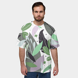 Футболка оверсайз мужская Зелёные, серые, голубые, сиреневые листья на белом, цвет: 3D-принт — фото 2