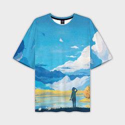 Мужская футболка оверсайз Горное озеро осенним днём