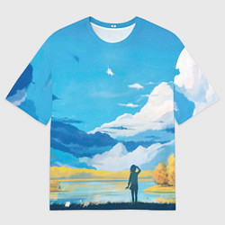 Мужская футболка оверсайз Горное озеро осенним днём