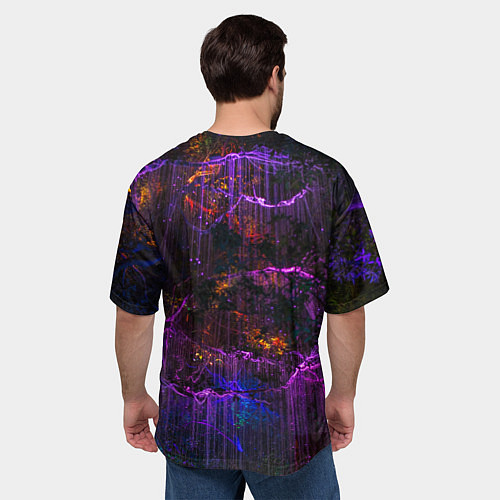 Мужская футболка оверсайз Неоновые лучи и листья - Фиолетовый / 3D-принт – фото 4