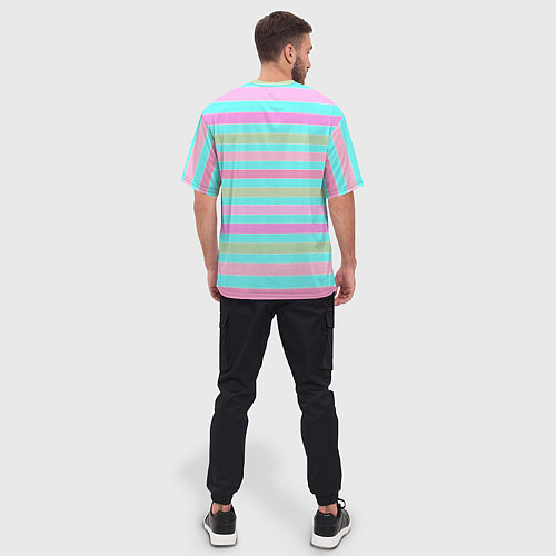 Мужская футболка оверсайз Pink turquoise stripes horizontal Полосатый узор / 3D-принт – фото 4