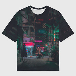 Мужская футболка оверсайз Неоновый мрачный город - Тёмно-зелёный