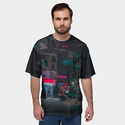 Футболка оверсайз мужская Неоновый мрачный город - Тёмно-зелёный, цвет: 3D-принт — фото 2