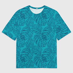 Мужская футболка оверсайз Синие листья монстеры на голубом