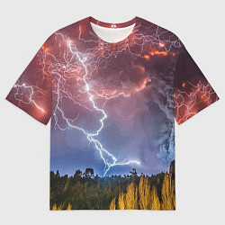Мужская футболка оверсайз Грозовые разряды молний над лесом