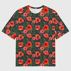 Мужская футболка оверсайз Красные маки на черном фоне