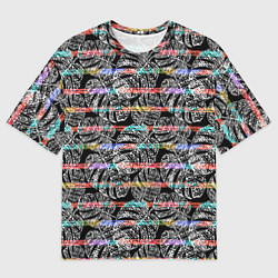 Мужская футболка оверсайз Листья монстеры на черном в полоску