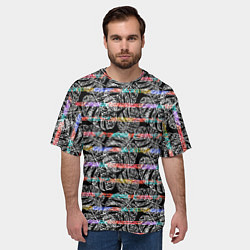 Футболка оверсайз мужская Листья монстеры на черном в полоску, цвет: 3D-принт — фото 2