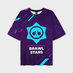 Мужская футболка оверсайз Символ Brawl Stars в неоновых цветах на темном фон