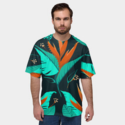 Футболка оверсайз мужская Оранжевый цветок с голубыми листами, цвет: 3D-принт — фото 2