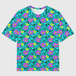 Футболка оверсайз мужская Яркий цветочный узор на бирюзовом фоне, цвет: 3D-принт