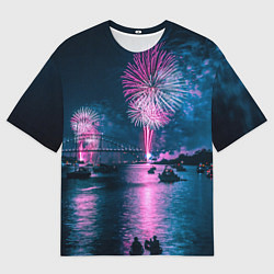 Футболка оверсайз мужская Неоновый салют над рекой ночью - Синий, цвет: 3D-принт