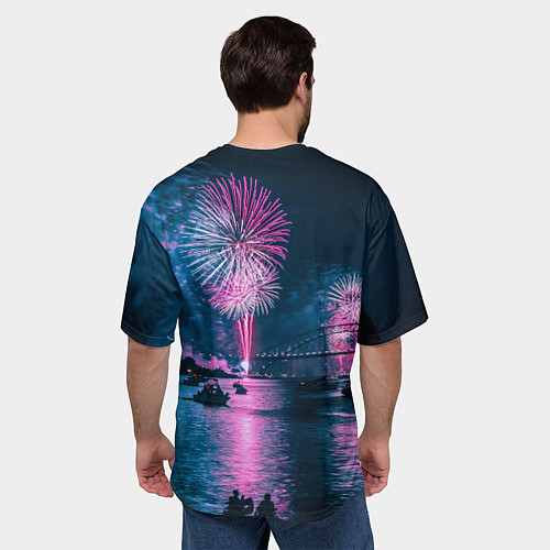 Мужская футболка оверсайз Неоновый салют над рекой ночью - Синий / 3D-принт – фото 4
