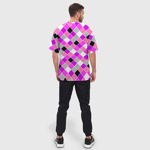Мужская футболка оверсайз Розовый черный узор в клетку / 3D-принт – фото 4