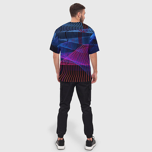 Мужская футболка оверсайз Неоновые электронные волнообразные линии / 3D-принт – фото 4