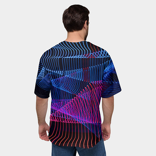 Мужская футболка оверсайз Неоновые электронные волнообразные линии / 3D-принт – фото 4