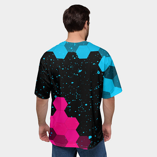 Мужская футболка оверсайз Nissan - neon gradient: символ и надпись вертикаль / 3D-принт – фото 4