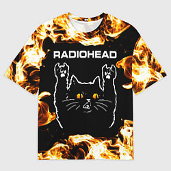 Футболка оверсайз мужская Radiohead рок кот и огонь, цвет: 3D-принт