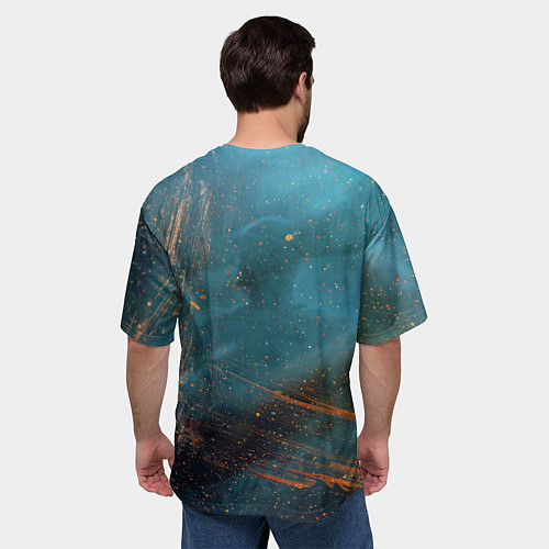 Мужская футболка оверсайз Абстрактная тёмно-синяя краска с оранжевыми мазкам / 3D-принт – фото 4