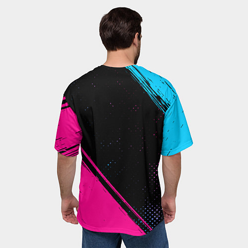 Мужская футболка оверсайз Real Madrid - neon gradient: символ и надпись верт / 3D-принт – фото 4