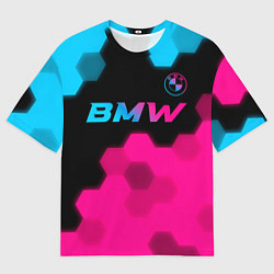 Футболка оверсайз мужская BMW - neon gradient: символ сверху, цвет: 3D-принт