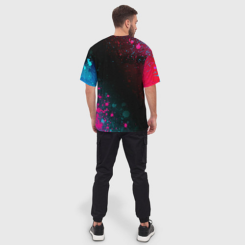 Мужская футболка оверсайз Disturbed - neon gradient: символ и надпись вертик / 3D-принт – фото 4