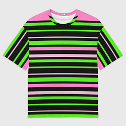 Футболка оверсайз мужская Полосаты узор в зелено-розовых оттенках на черном, цвет: 3D-принт